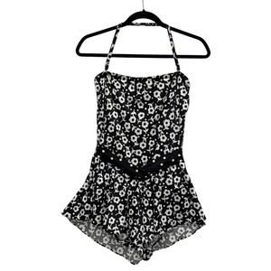 Vintage Gabar One-Piece Swimsuit, Size 14, Black & White Floral Made‎ in USA